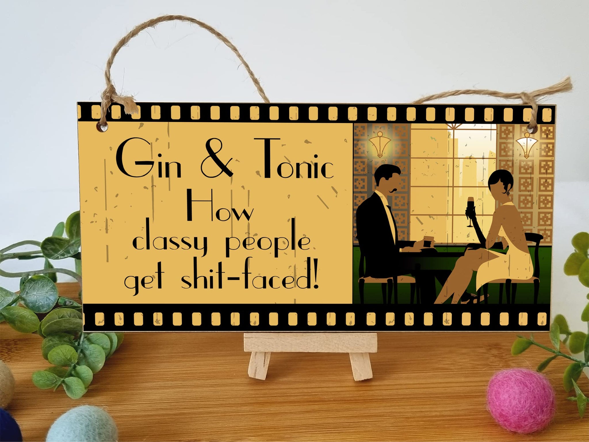The Plum Penguin Handmade Wooden Hanging Wall Plaque Wine Gin & Tonic How Classy People Get Drunk Pun Novelty Sign Gin Lovers