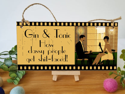 The Plum Penguin Handmade Wooden Hanging Wall Plaque Wine Gin & Tonic How Classy People Get Drunk Pun Novelty Sign Gin Lovers