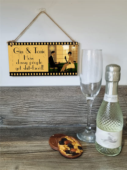 The Plum Penguin Handmade Wooden Hanging Wall Plaque Wine Gin & Tonic How Classy People Get Drunk Pun Novelty Sign Gin Lovers