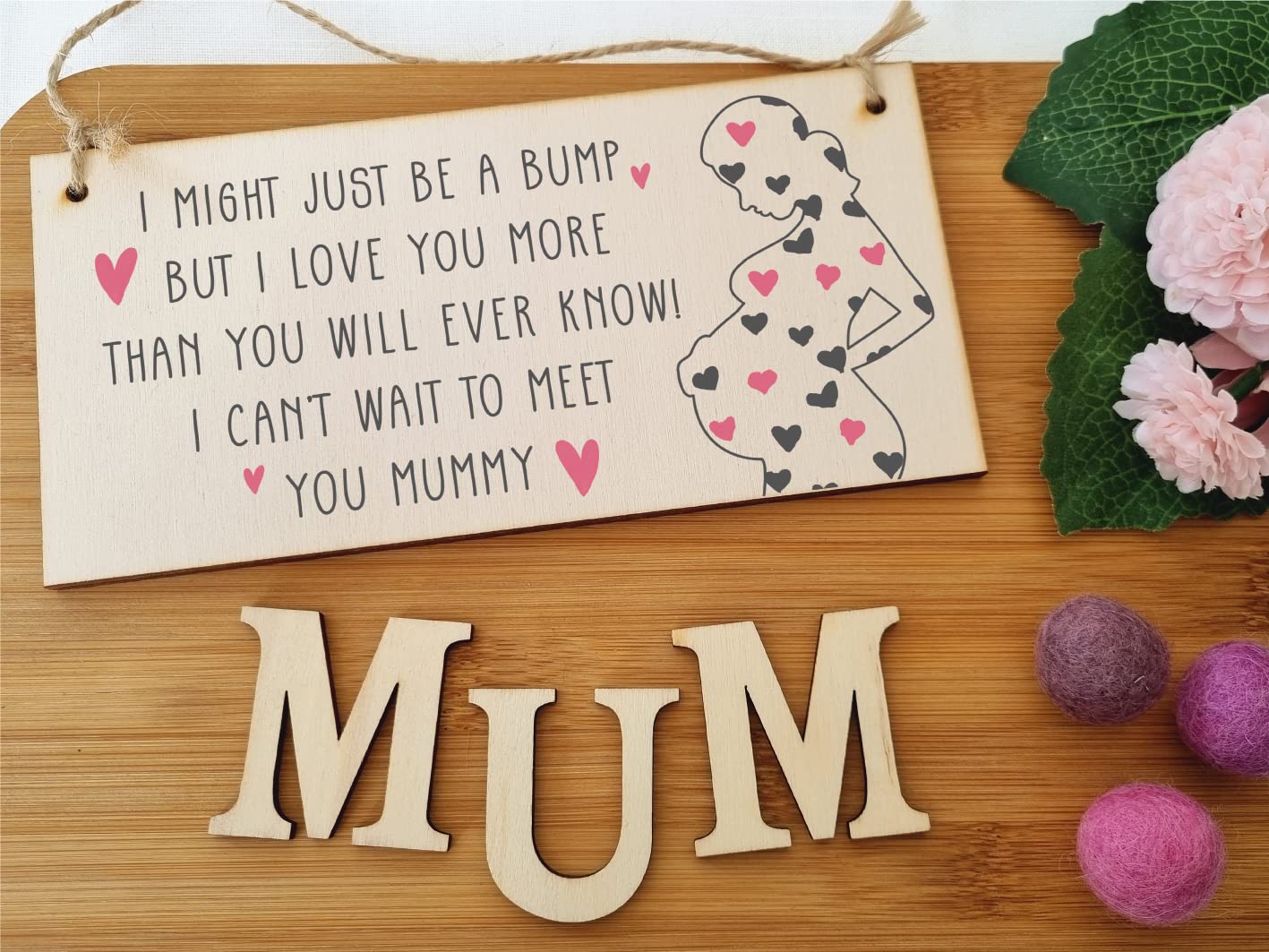 The Plum Penguin Handmade Wooden Hanging Wall Plaque Bump Can't Wait to Meet You Mummy Gift Sign Pregnant 1st Mother's Day