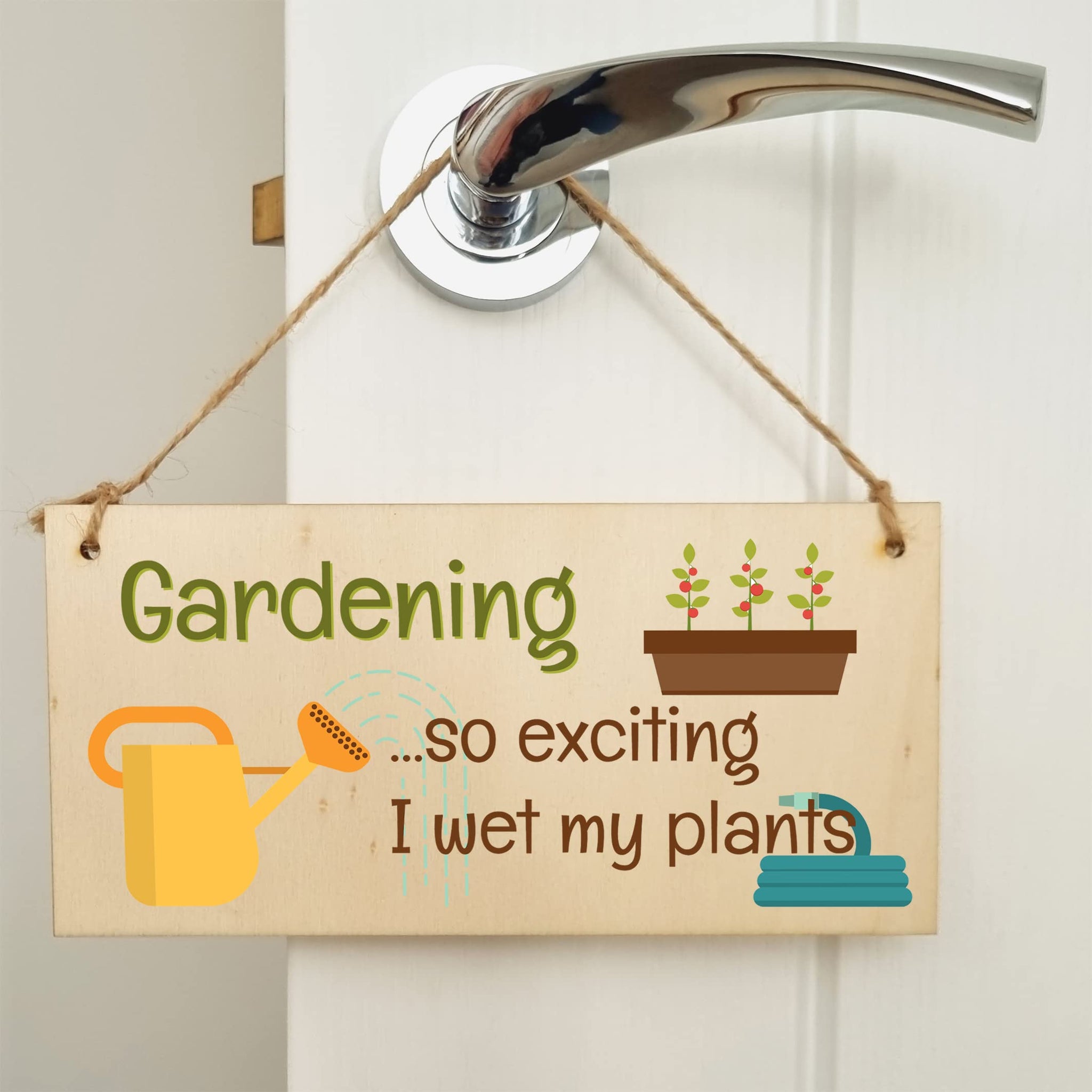 The Plum Penguin Handmade Wooden Hanging Wall Plaque Gardening So Exciting I Wet my Plants Joke Rude Sign for Gardeners