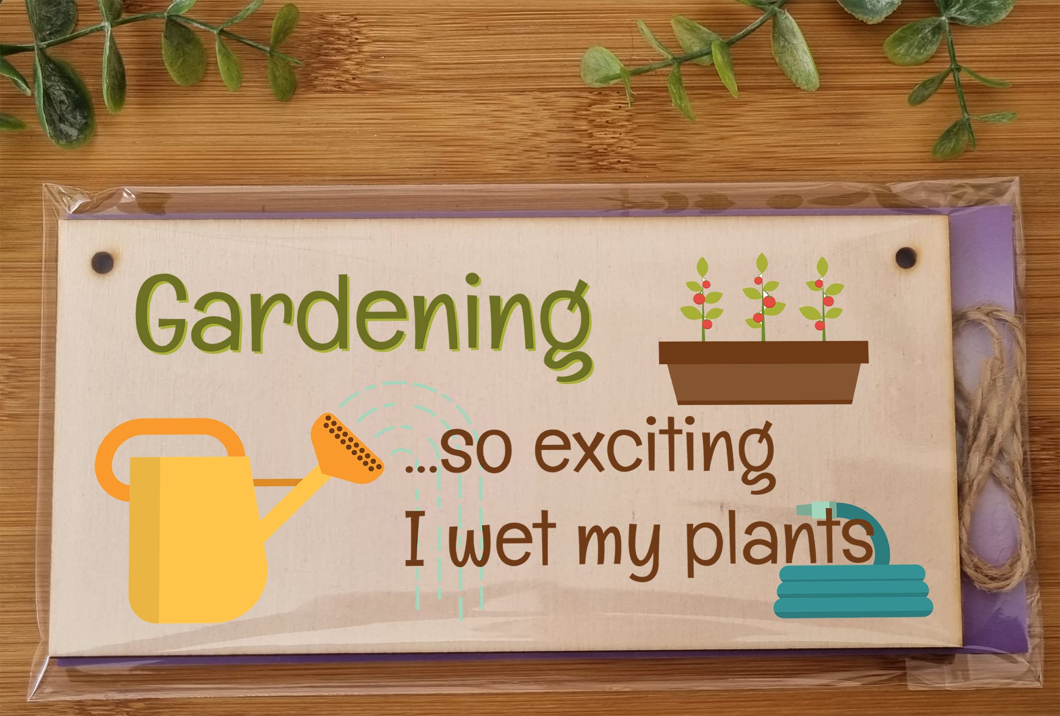 The Plum Penguin Handmade Wooden Hanging Wall Plaque Gardening So Exciting I Wet my Plants Joke Rude Sign for Gardeners