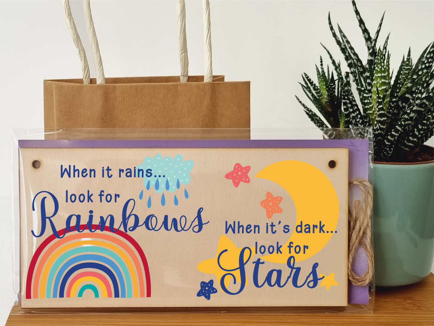 The Plum Penguin Handmade Wooden Hanging Wall Plaque When it rains look for rainbows dark look for stars Decorative Sign Friendship