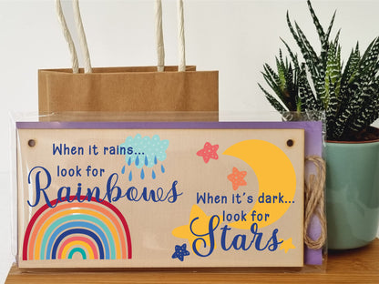 The Plum Penguin Handmade Wooden Hanging Wall Plaque When it rains look for rainbows dark look for stars Decorative Sign Friendship