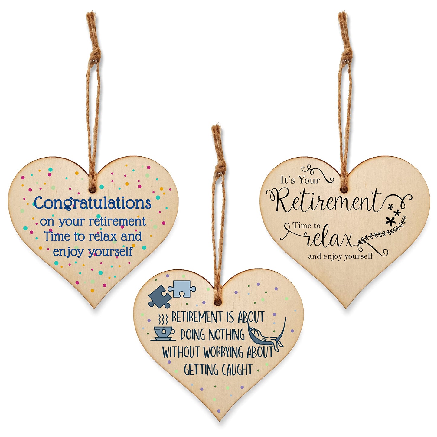 Set of 3 Hanging Decorations Wooden Hearts Retirement Colleague Gift | Doing Nothing Not Getting Caught | Time to Relax Enjoy