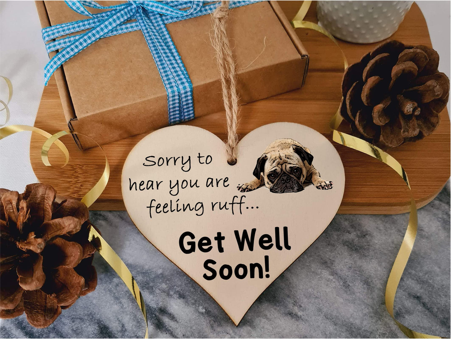 Handmade Wooden Hanging Heart Plaque Gift Get Well Soon Wishes