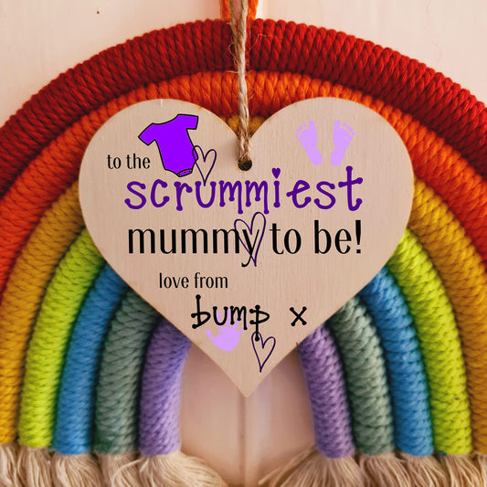 Handmade Wooden Hanging Heart Plaque perfect for mum to be pregnant special keepsake to the scrummiest mummy to be fun gift from bump expectant mums from baby card alternative