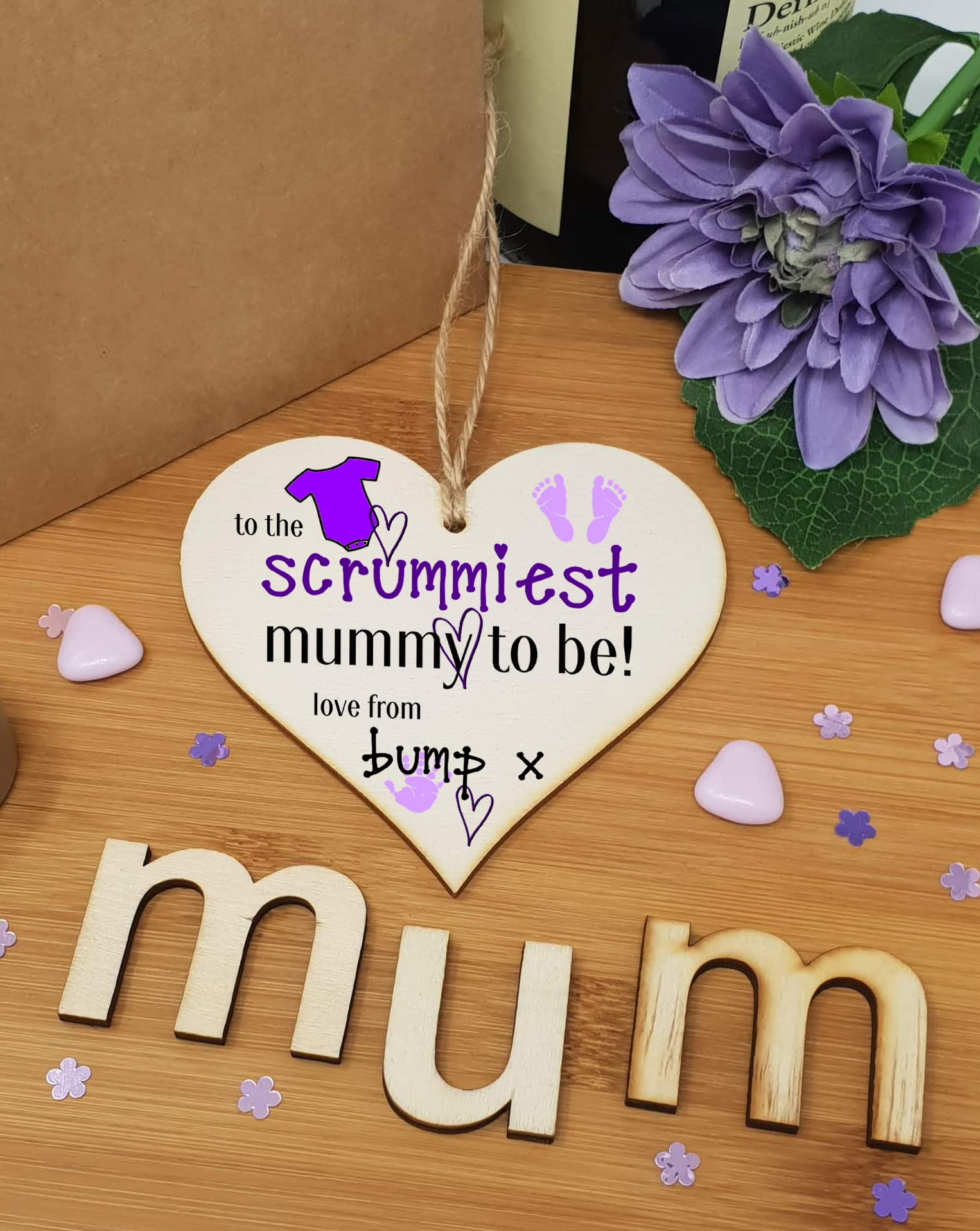 Handmade Wooden Hanging Heart Plaque perfect for mum to be pregnant special keepsake to the scrummiest mummy to be fun gift from bump expectant mums from baby card alternative