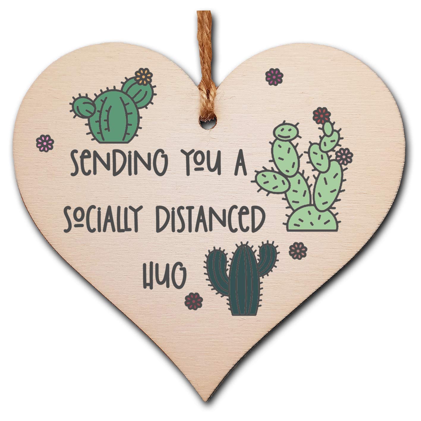 The Plum Penguin Handmade Wooden Hanging Heart Plaque Gift sending you a socially distanced hug miss you long distance novelty wall hanger cute fun cactus design for family friends grandparents