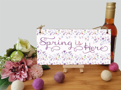 The Plum Penguin Handmade Wooden Hanging Wall Plaque Spring is Here Cute Fun Easter Sign Springtime Garden Kitchen Decoration