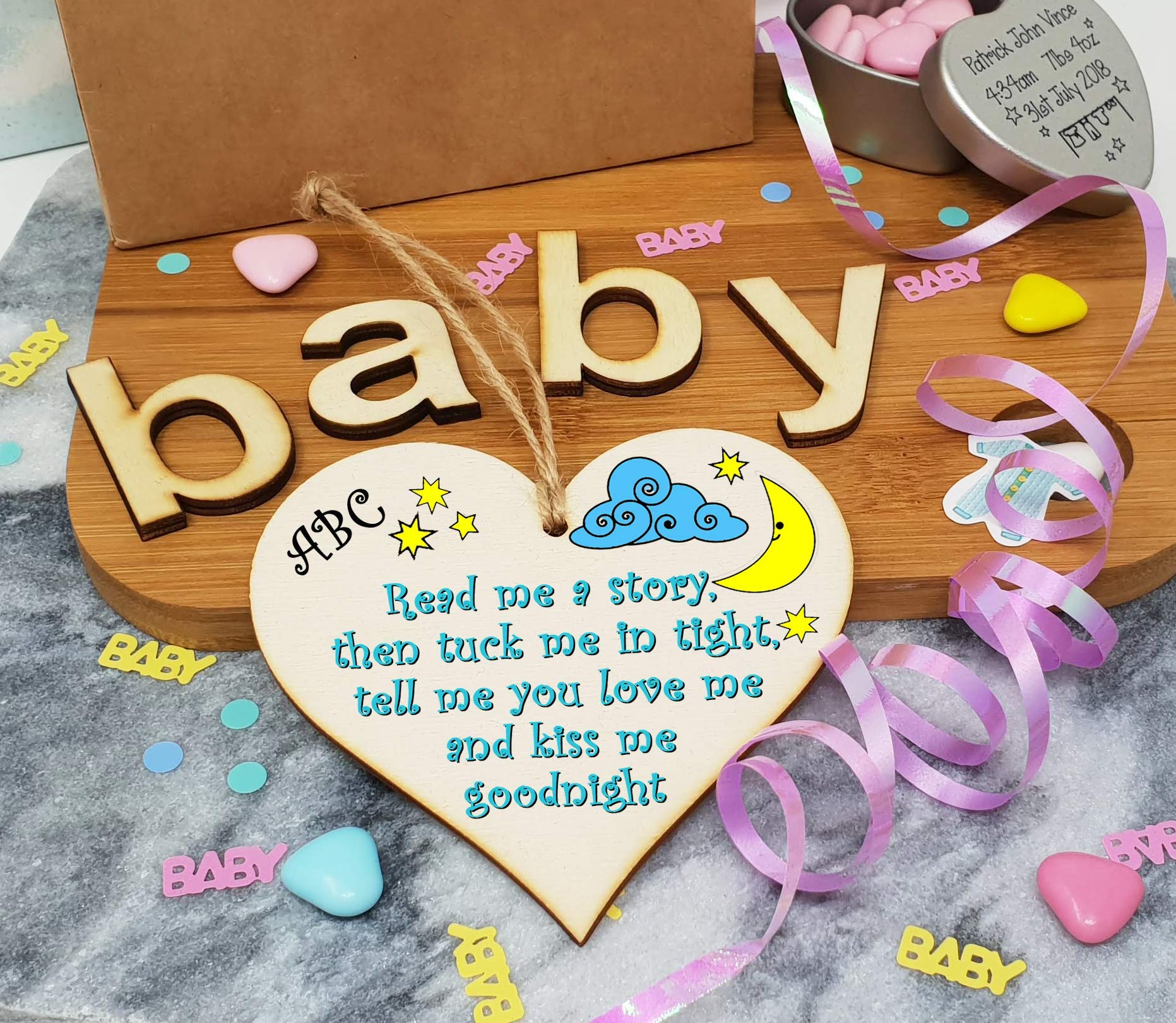 The Plum Penguin Handmade Wooden Hanging Heart Plaque Gift tell me you love me and kiss me goodnight new baby present nursery wall decoration new parents