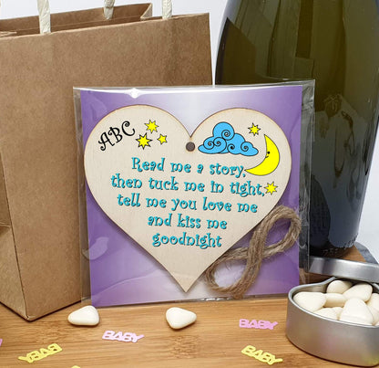 The Plum Penguin Handmade Wooden Hanging Heart Plaque Gift tell me you love me and kiss me goodnight new baby present nursery wall decoration new parents