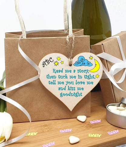 The Plum Penguin Handmade Wooden Hanging Heart Plaque Gift tell me you love me and kiss me goodnight new baby present nursery wall decoration new parents