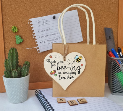 Thank You for Being Amazing Teacher Fun Bee Design Hanging Heart Wooden Decoration End of Term Gift Card Alternative