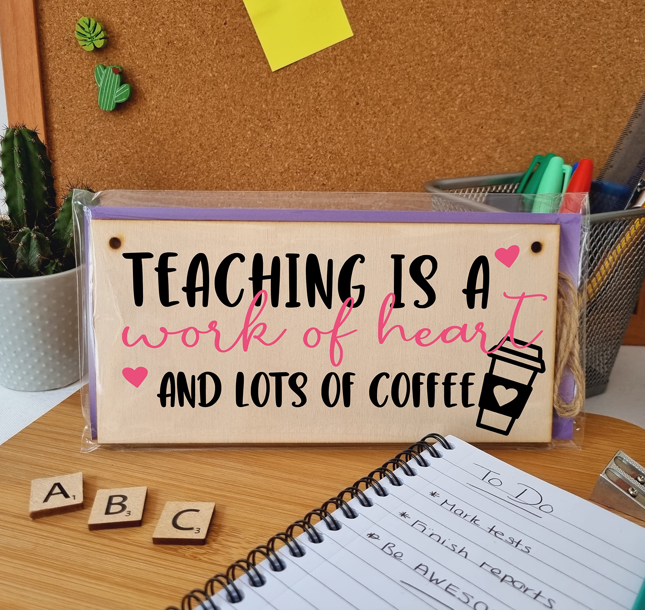 The Plum Penguin Teaching Work of Heart and Coffee Funny Handmade Wooden Hanging Wall Plaque Gift Teacher Teaching Assistant End of Term