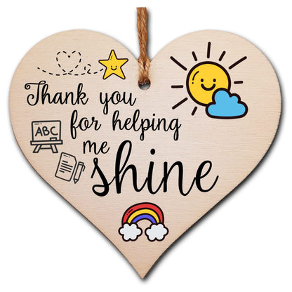 The Plum Penguin Thank You for Helping Me Shine Fun Design Hanging Heart Wooden Decoration End of Term Gift Card Alternative Teacher