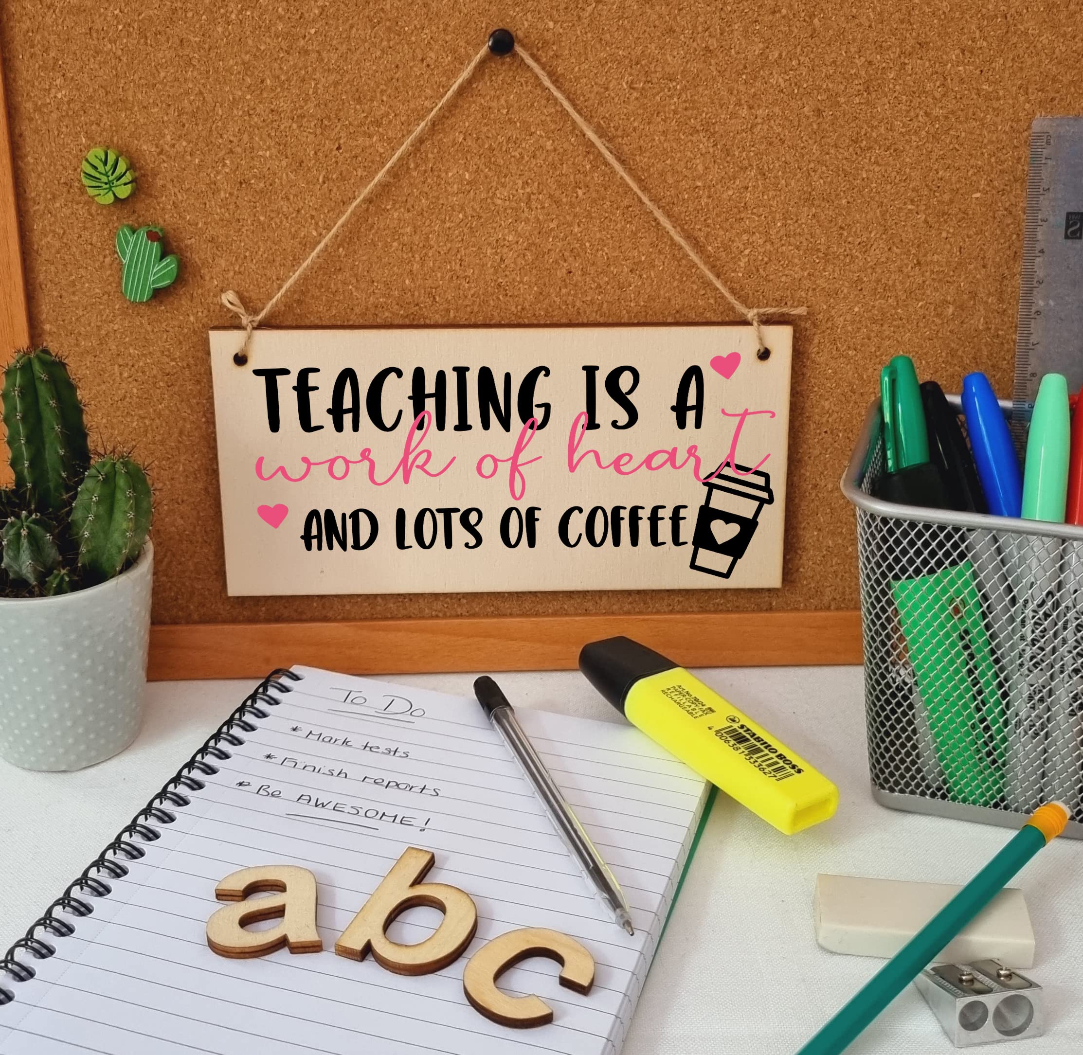 The Plum Penguin Teaching Work of Heart and Coffee Funny Handmade Wooden Hanging Wall Plaque Gift Teacher Teaching Assistant End of Term