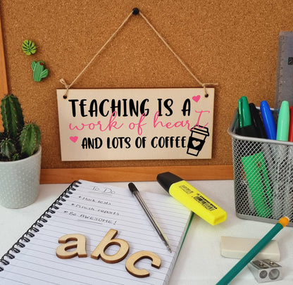 The Plum Penguin Teaching Work of Heart and Coffee Funny Handmade Wooden Hanging Wall Plaque Gift Teacher Teaching Assistant End of Term