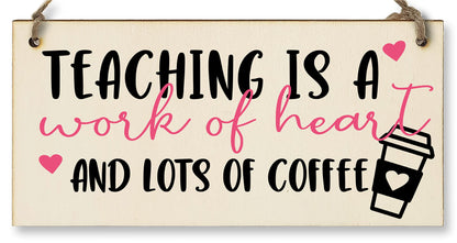 The Plum Penguin Teaching Work of Heart and Coffee Funny Handmade Wooden Hanging Wall Plaque Gift Teacher Teaching Assistant End of Term