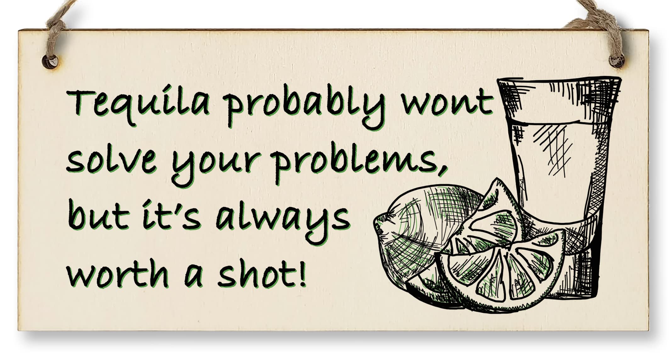 The Plum Penguin Handmade Wooden Hanging Wall Plaque Tequila Won't Solve Problems Worth a Shot Funny Joke Novelty Sign