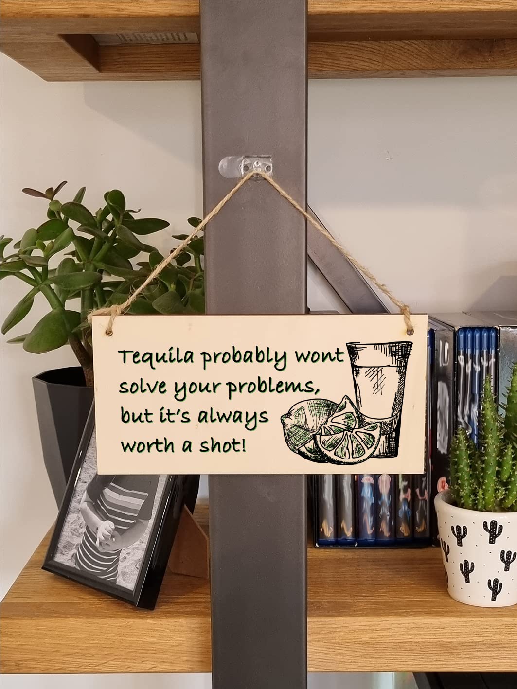 The Plum Penguin Handmade Wooden Hanging Wall Plaque Tequila Won't Solve Problems Worth a Shot Funny Joke Novelty Sign