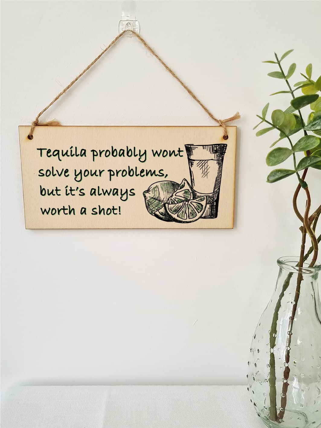 The Plum Penguin Handmade Wooden Hanging Wall Plaque Tequila Won't Solve Problems Worth a Shot Funny Joke Novelty Sign