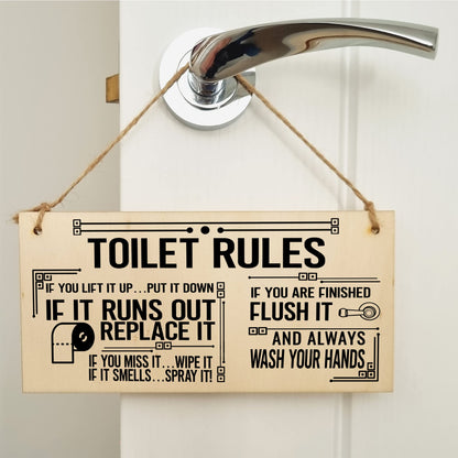 The Plum Penguin Toilet Rules Funny Novelty Handmade Wooden Hanging Wall Plaque Gift Bathroom Loo Sign Home Decoration