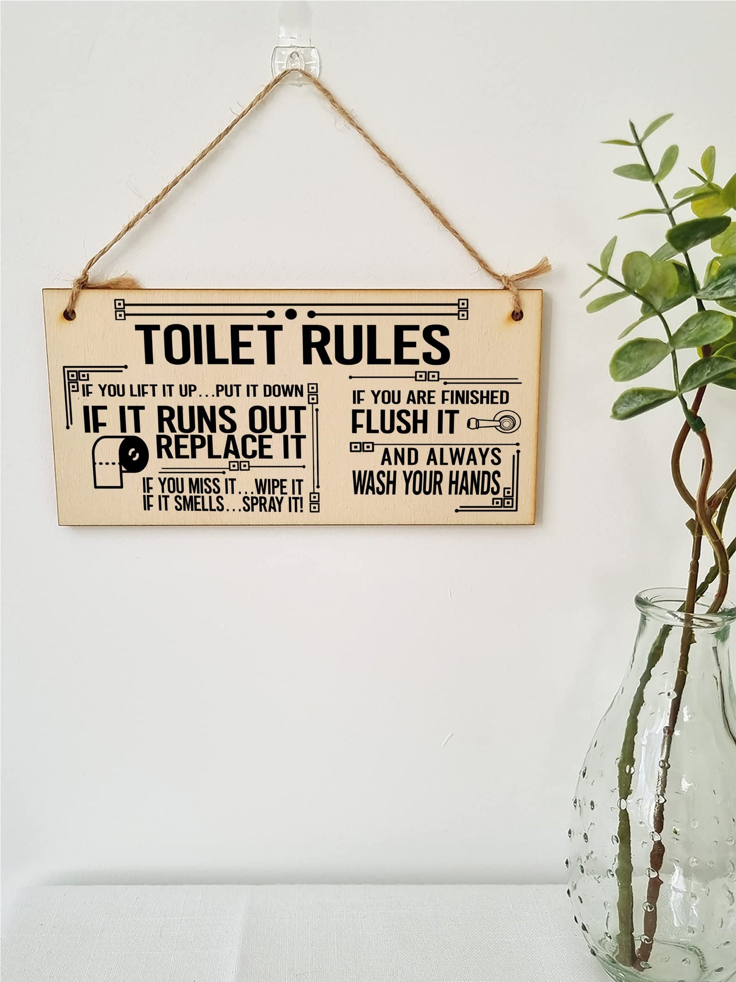 The Plum Penguin Toilet Rules Funny Novelty Handmade Wooden Hanging Wall Plaque Gift Bathroom Loo Sign Home Decoration