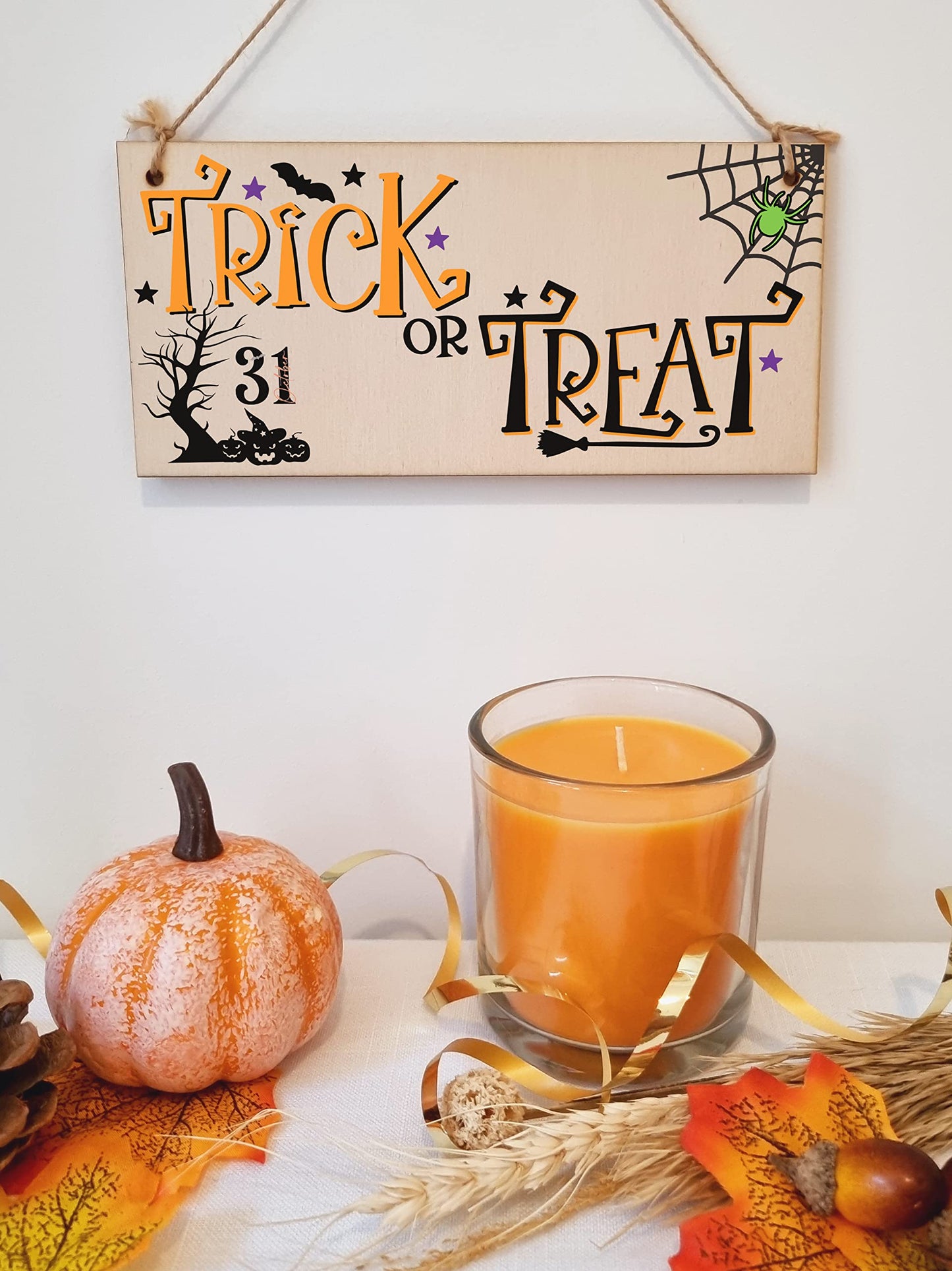 Trick or Treat Spooky Fun Decorative Halloween Sign Handmade Wooden Hanging Wall Plaque Gift Hallway Window Home Décor