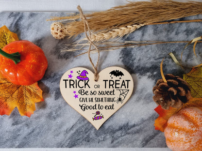 Trick or Treat Something Good To Eat Spooky Fun Halloween Hanging Heart Wooden Decoration Gift Card Alternative