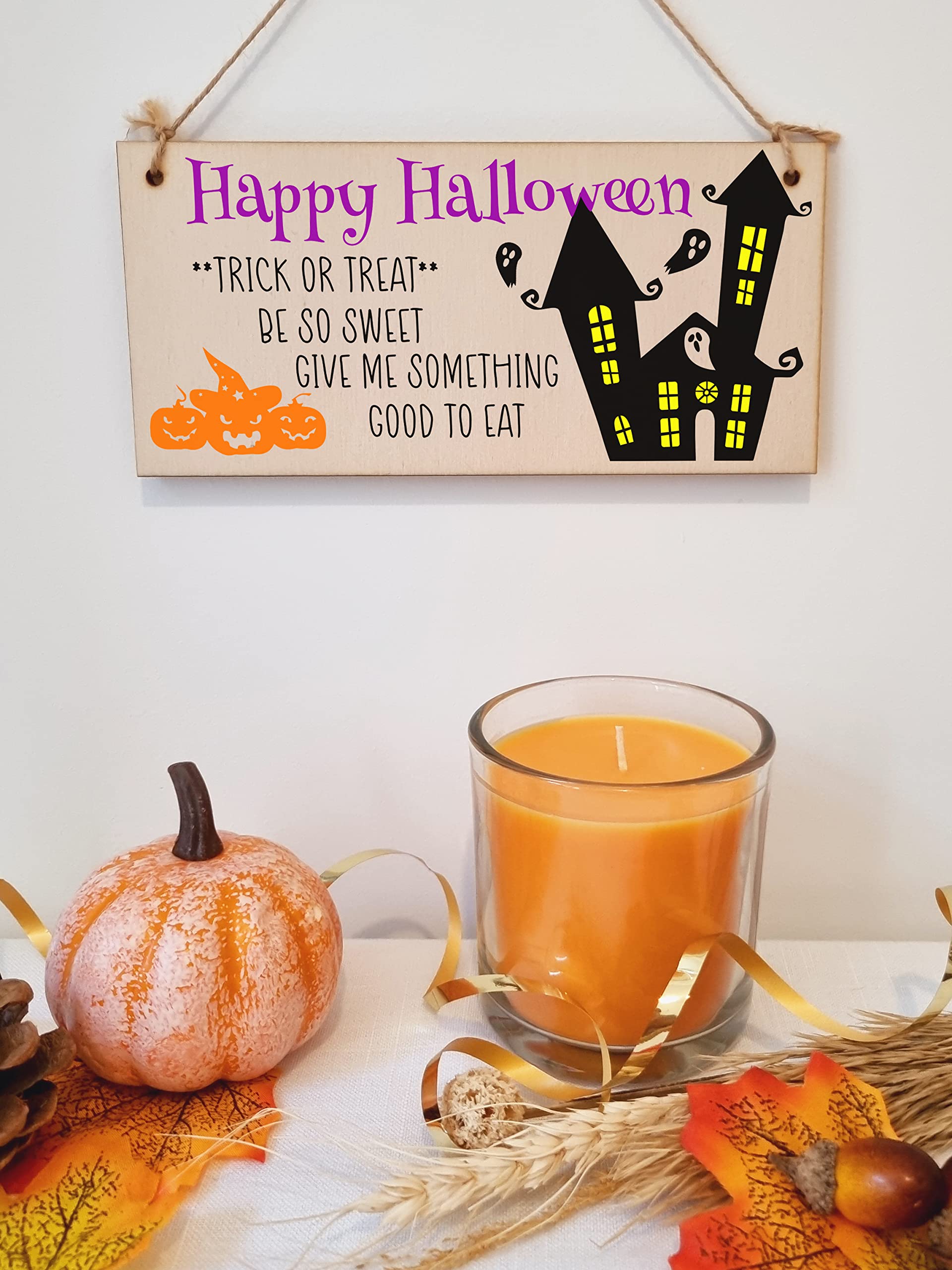 Happy Halloween Treats Sweets Spooky Fun Decorative Sign Handmade Wooden Hanging Wall Plaque Gift Hallway Home Décor