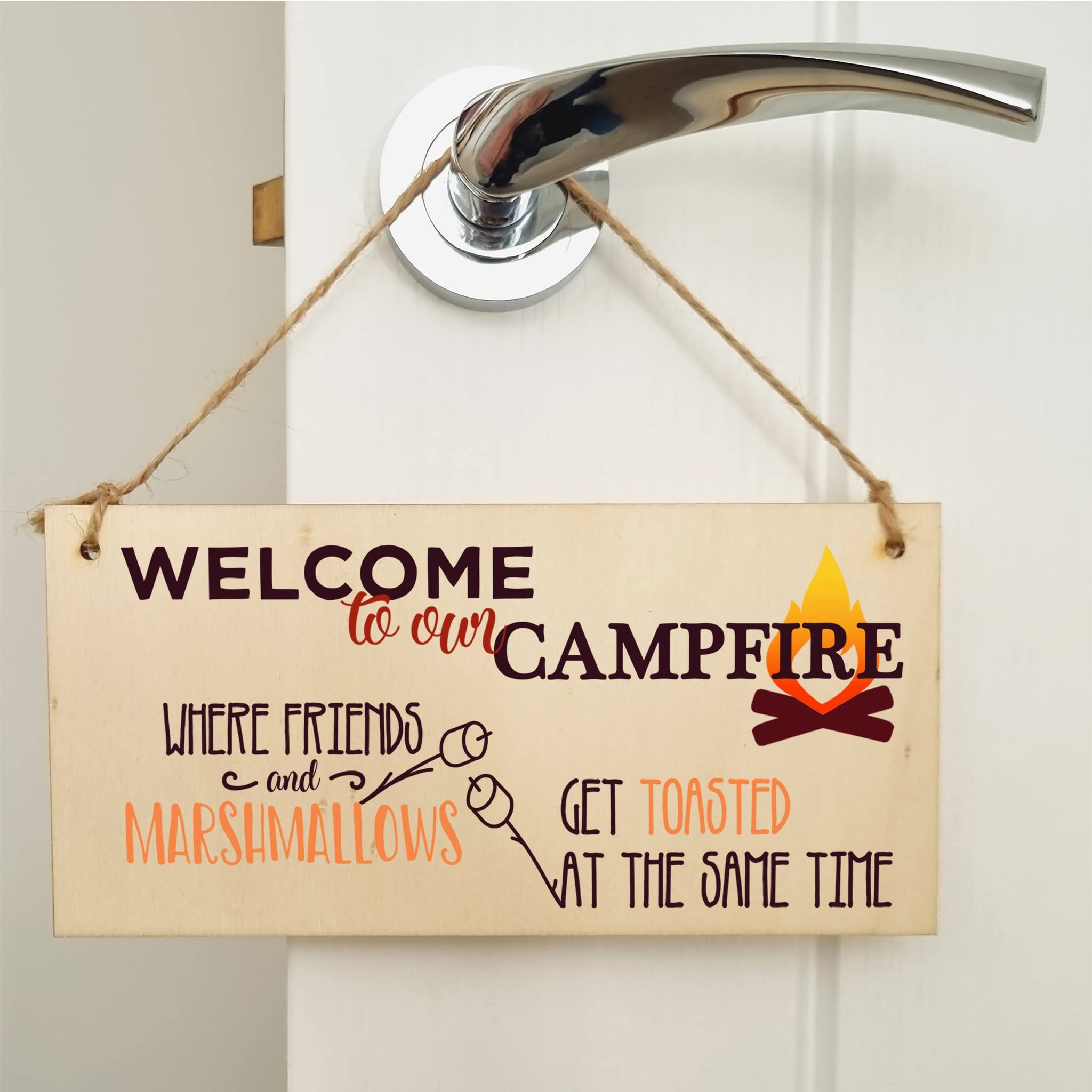 The Plum Penguin Handmade Wooden Hanging Wall Plaque Welcome to our Campfire Friends Roasted Funny Camping Tent Adventure Sign