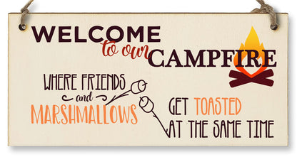 The Plum Penguin Handmade Wooden Hanging Wall Plaque Welcome to our Campfire Friends Roasted Funny Camping Tent Adventure Sign