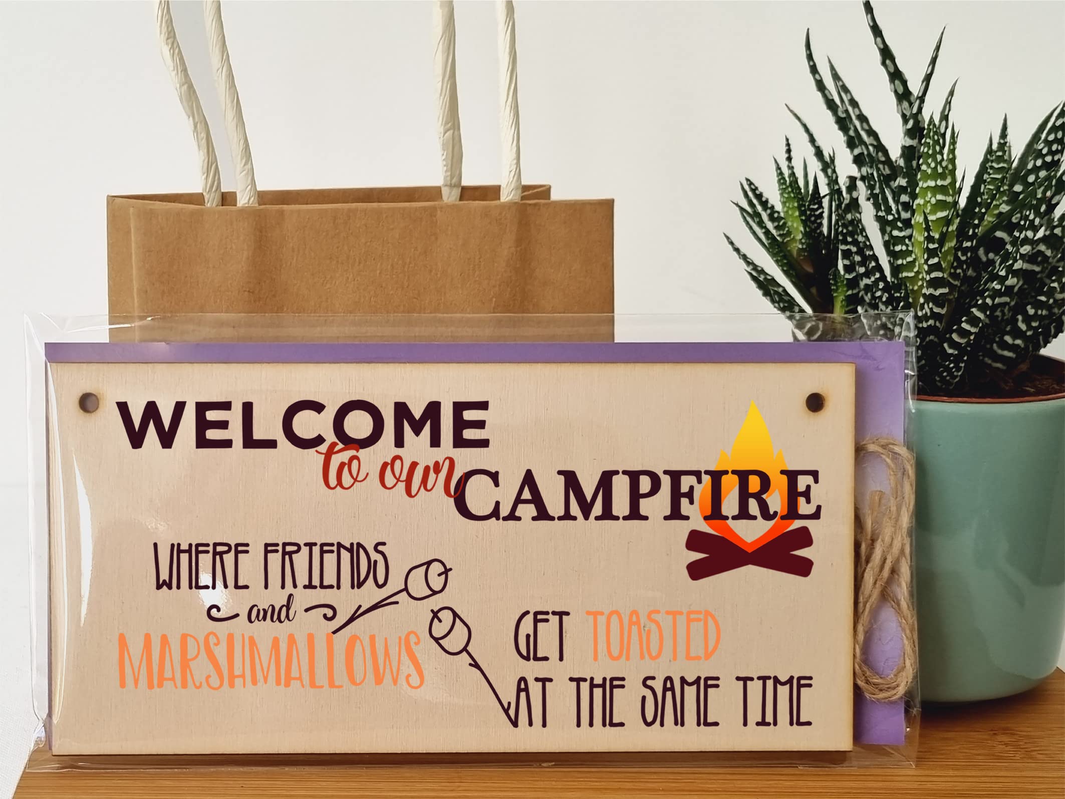 The Plum Penguin Handmade Wooden Hanging Wall Plaque Welcome to our Campfire Friends Roasted Funny Camping Tent Adventure Sign
