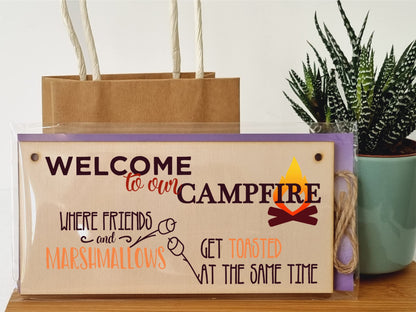 The Plum Penguin Handmade Wooden Hanging Wall Plaque Welcome to our Campfire Friends Roasted Funny Camping Tent Adventure Sign