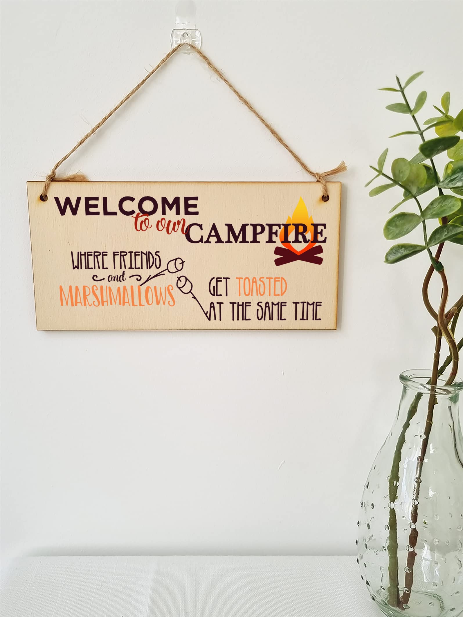 The Plum Penguin Handmade Wooden Hanging Wall Plaque Welcome to our Campfire Friends Roasted Funny Camping Tent Adventure Sign