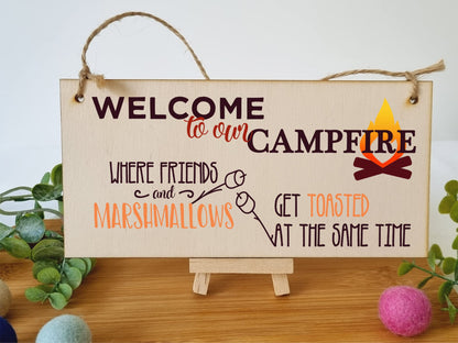 The Plum Penguin Handmade Wooden Hanging Wall Plaque Welcome to our Campfire Friends Roasted Funny Camping Tent Adventure Sign