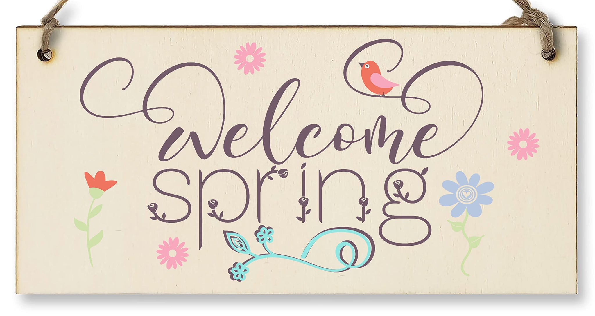 The Plum Penguin Handmade Wooden Hanging Wall Plaque Welcome Spring Cute Fun Easter Sign Springtime Garden Kitchen Decoration