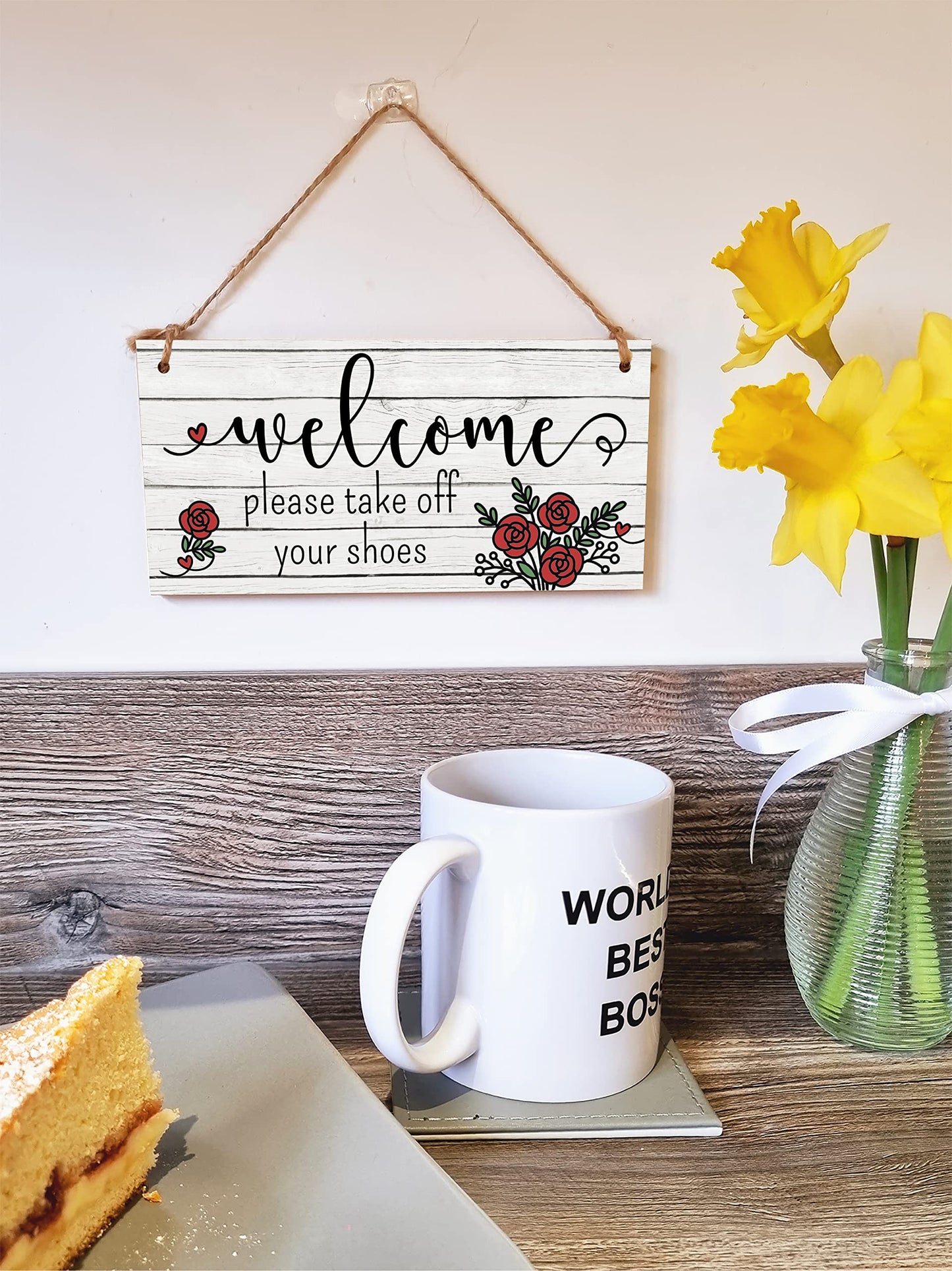 The Plum Penguin Handmade Wooden Hanging Wall Plaque Welcome Please Take Off Shoes Decorative Sign Family Home Hallway