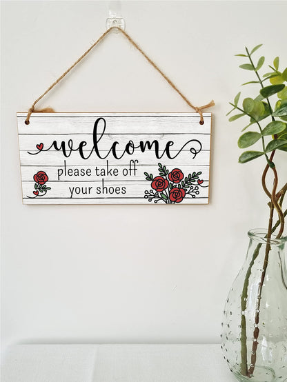 The Plum Penguin Handmade Wooden Hanging Wall Plaque Welcome Please Take Off Shoes Decorative Sign Family Home Hallway