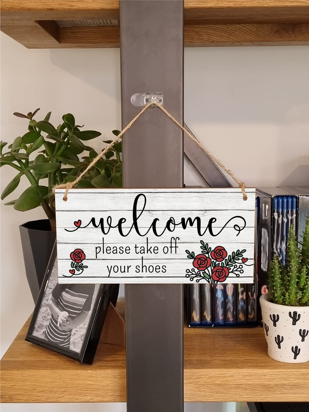 The Plum Penguin Handmade Wooden Hanging Wall Plaque Welcome Please Take Off Shoes Decorative Sign Family Home Hallway