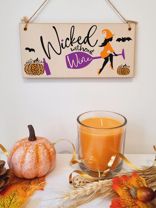 Wicked without Wine Funny Alcohol Halloween Sign Handmade Wooden Hanging Wall Plaque Gift Kitchen Home Décor