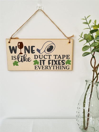 The Plum Penguin Wine Like Duct Tape Fixes Everything Novelty Handmade Wooden Hanging Wall Plaque Gift Home Bar Sign Decoration
