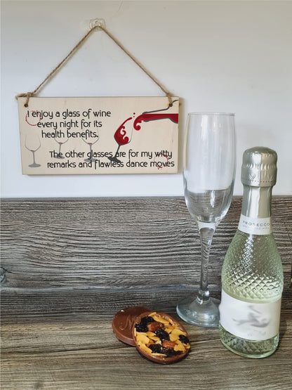 The Plum Penguin Handmade Wooden Hanging Wall Plaque Glass of Wine a Night Witty Remarks and Dancing Funny Novelty Wine Lovers