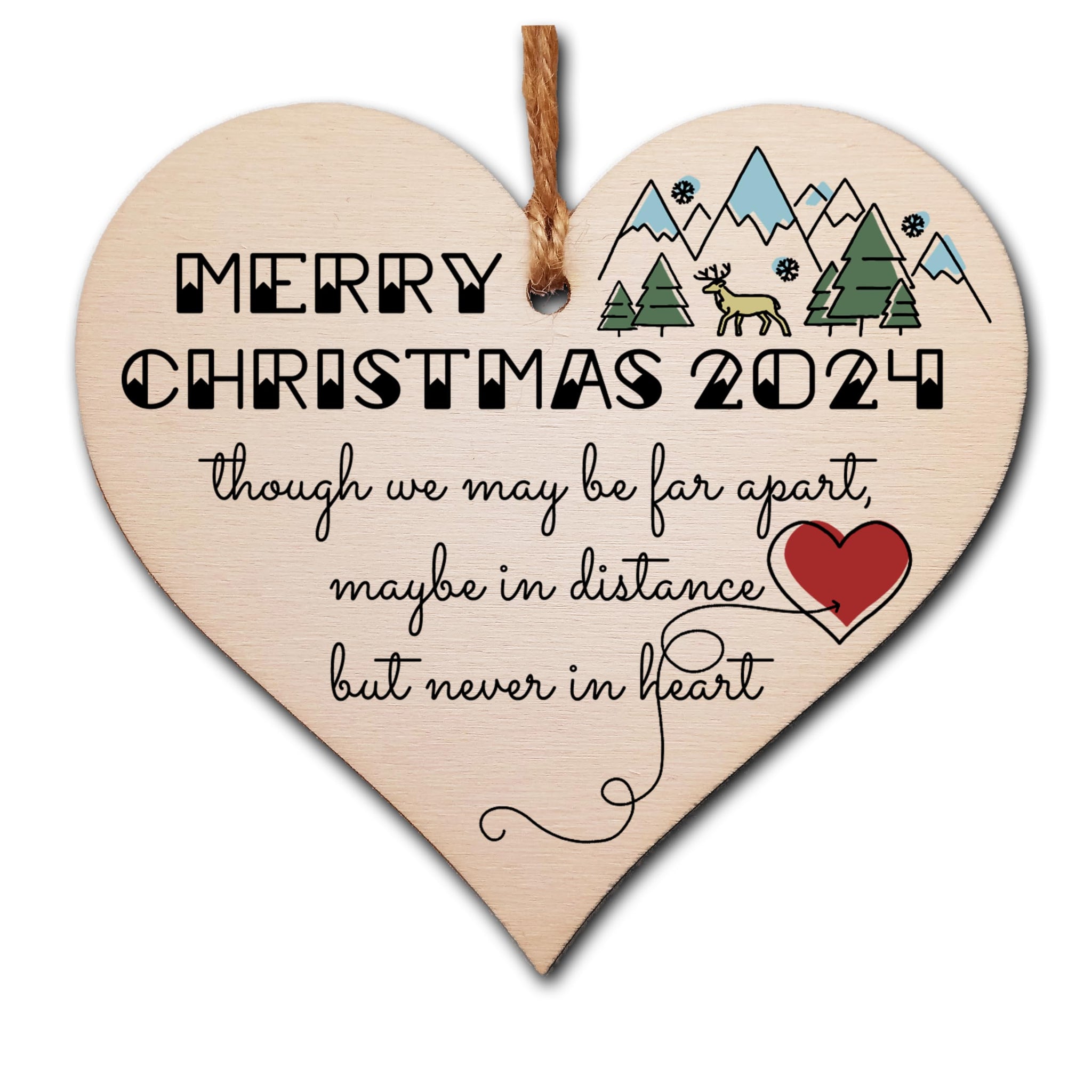 Handmade Wooden Hanging Heart Plaque Christmas Tree Bauble Though We May Be Far Apart 2024 Card Alternative Long Distance Family Friends