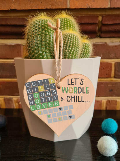 The Plum Penguin Handmade Wooden Hanging Heart Plaque Gift Lets Wordle and Chill Funny Rude Play on Words Boyfriend Girlfriend