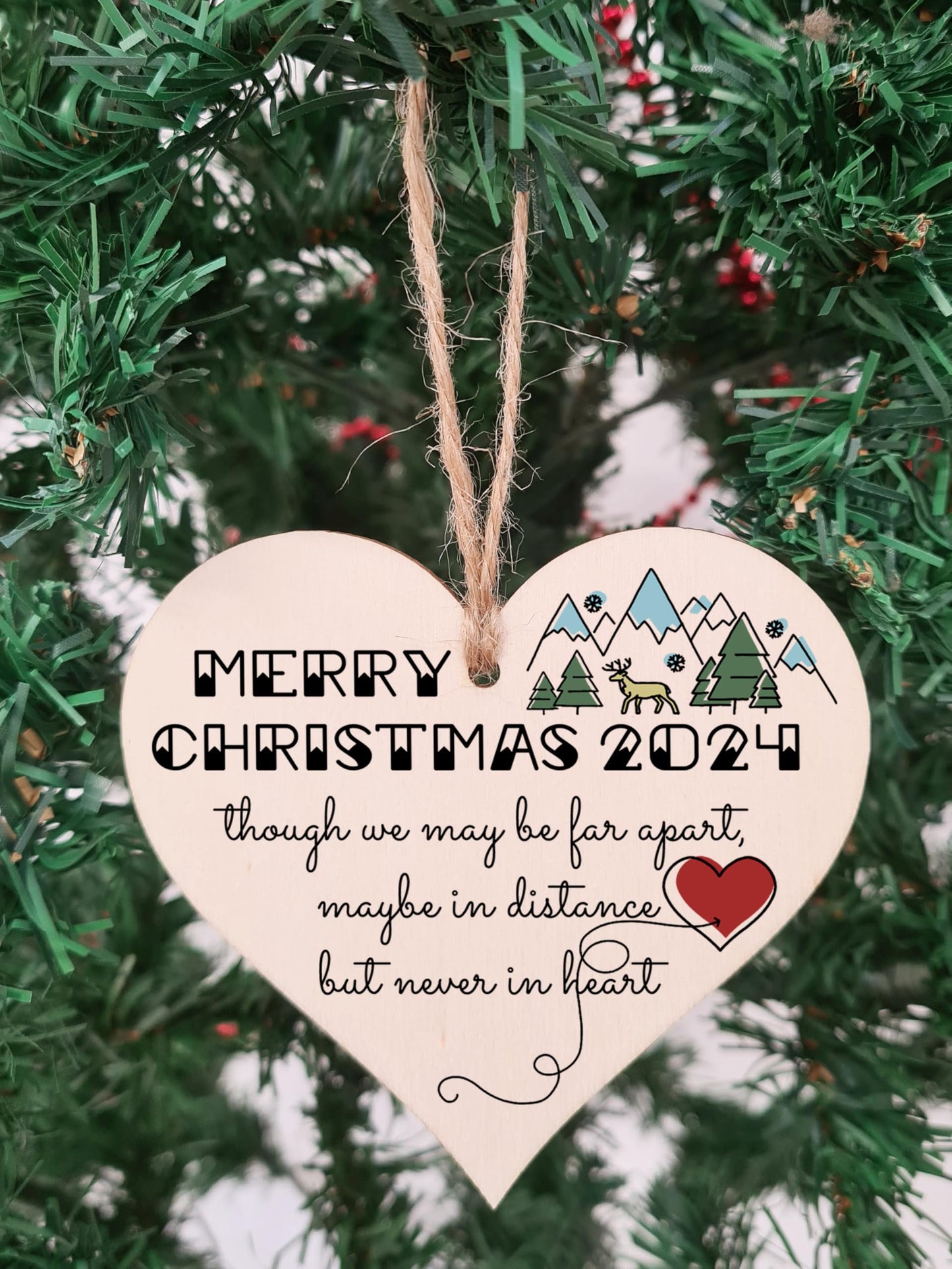Handmade Wooden Hanging Heart Plaque Christmas Tree Bauble Though We May Be Far Apart 2024 Card Alternative Long Distance Family Friends