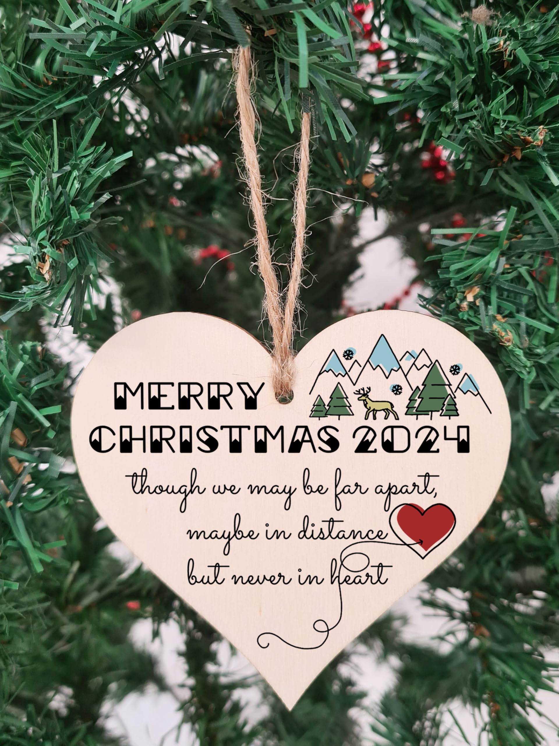 Handmade Wooden Hanging Heart Plaque Christmas Tree Bauble Though We May Be Far Apart 2024 Card Alternative Long Distance Family Friends