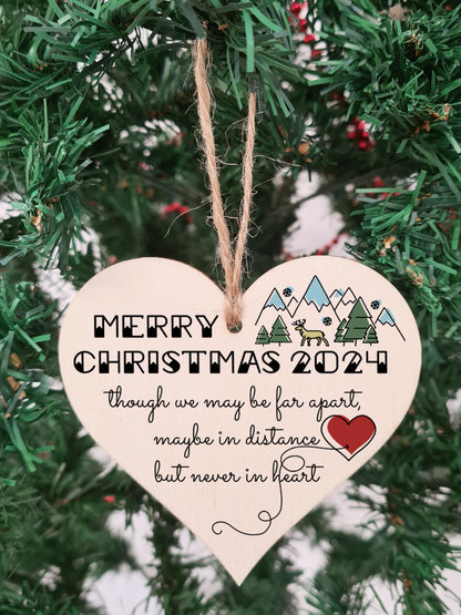 Handmade Wooden Hanging Heart Plaque Christmas Tree Bauble Though We May Be Far Apart 2024 Card Alternative Long Distance Family Friends