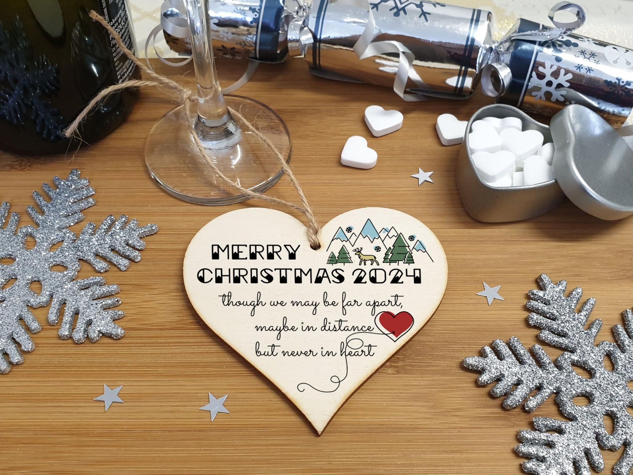 Handmade Wooden Hanging Heart Plaque Christmas Tree Bauble Though We May Be Far Apart 2024 Card Alternative Long Distance Family Friends